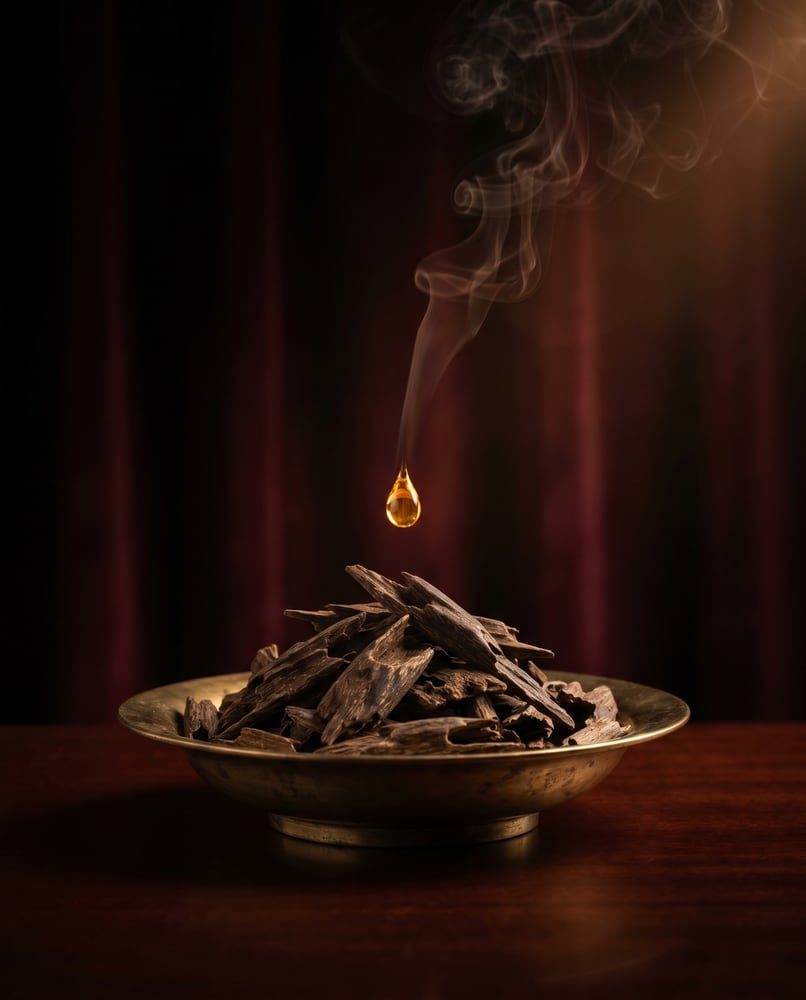 Oud wood and incense smoke in a warm Maqam Beauty editorial scene