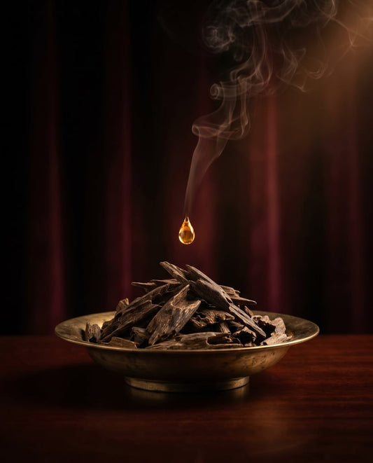 Oud wood and incense smoke in a warm Maqam Beauty editorial scene