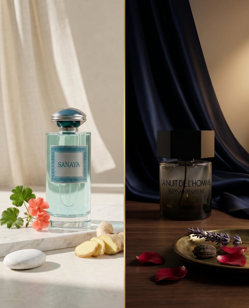 Day and night perfume comparison with fresh and evening scents